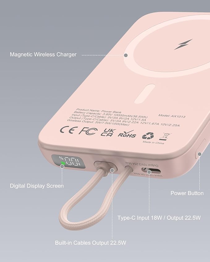 AsperX Wireless Portable Charger, 10000mAh Magnetic Power Bank with Type-C Cable, 22.5W PD Fast Charging Output Portable Battery Pack for iPhone 17/16/15/14/13/12/ All Series, Pink