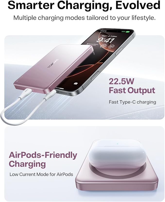 TORRAS MiniMag Power Bank,Ultra-Slim 10,000mAh Magnetic Wireless Portable Charger, 22.5W Fast Charging iPhone Air MagSafe Battery Pack Designed for iPhone 17 Pro Max/17 Pro/Air/16/15/14/13/12, Pink