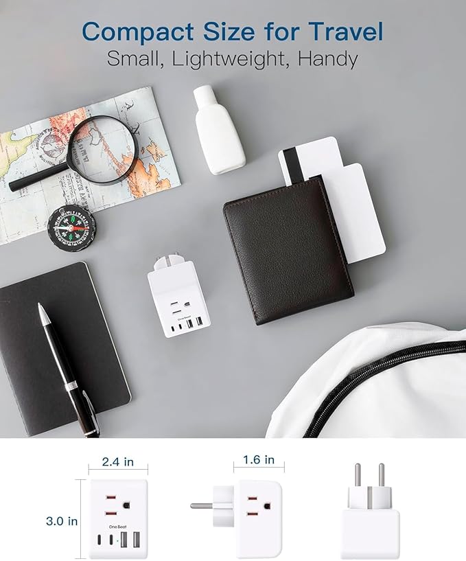 2 Pack Germany France Travel Plug Adapter, Type E/F Power Plug Adapter with 3 Outlets 4 USB Charging Ports(2 USB C), Travel Essentials US to Europe France Germany South Korea Netherlands Spain