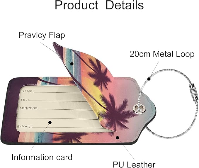 2 Pack Luggage Tags for Suitcases, PU Leather Bag Tag with Privacy Cover Address Card Travel Essentials-Beach Palm Tree