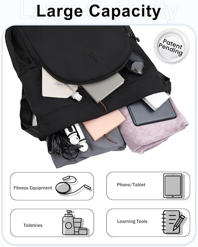 RHDZO Drawstring Backpack Gym Backpack with Shoe Compartment for Men Women String Sports Bag with Wet Pocket Cinch Swim Beach Bag, Large Black