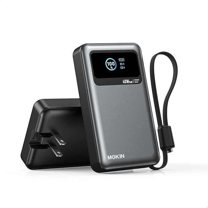 MOKiN 40W Fast Charging Portable Charger for Samsung iPhone Android, 10000mAh 3-in-1 Power Bank with Wall Plug, Built-in USB-C Cable, LCD Display, Travel Battery Pack for iPhone 17/16/15 Series