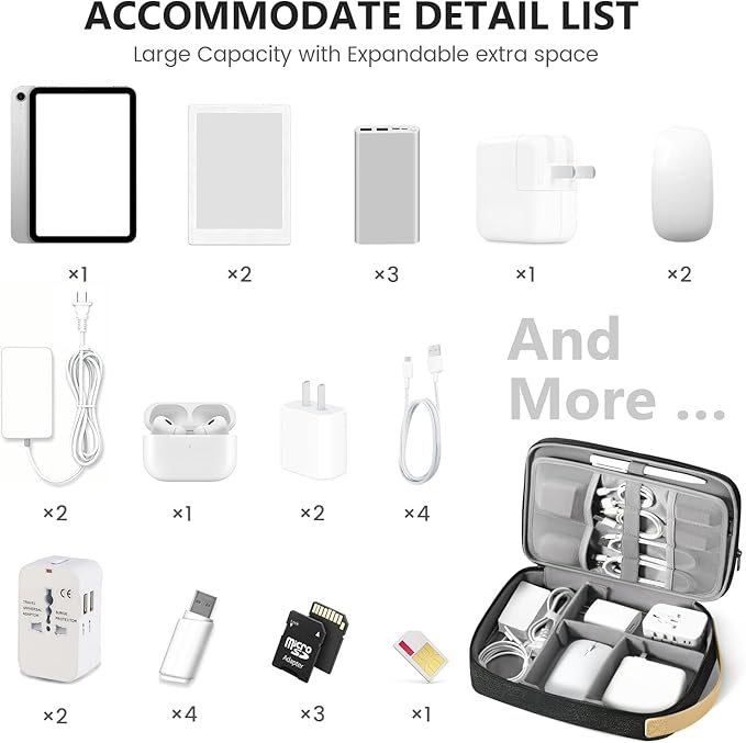 Travelkin Large Cord Organizer Travel, Electronic Organizer Travel Case, Expandable Cable Organizer Bag For Cords, Chargers Phone, Usbs, Tablet (Up to 10"), SD Card (Black)