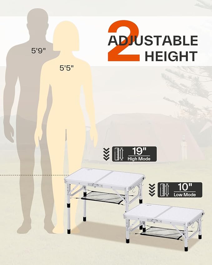 Sportneer Camping Table: Adjustable Height Small Folding Table 23.6" L x 15.7" W 2 Height with Mesh Layer - Compact & Portable Camping Essentials for Outdoor Camp Garden Picnic BBQ Dining Cooking