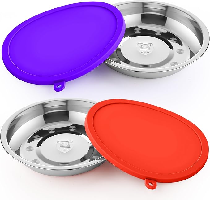 Patelai 4 Pcs Stainless Steel Dog Bowls with Silicone Lids Portable Food and Water Dishes for Pets Sealable Containers for 6.3" for Cats & Small Dogs (Red,Purple)