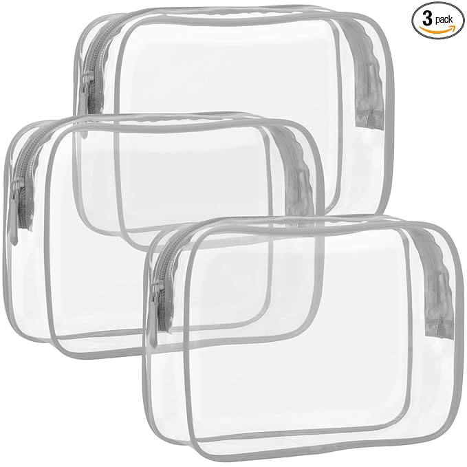 F-color TSA Approved Toiletry Bag 3 Pack Medium - Clear Makeup Bag Travel Quart Size for Women Men, Clear Cosmetic Bag Airport Airline Compliant Carry on Bag, Light Grey