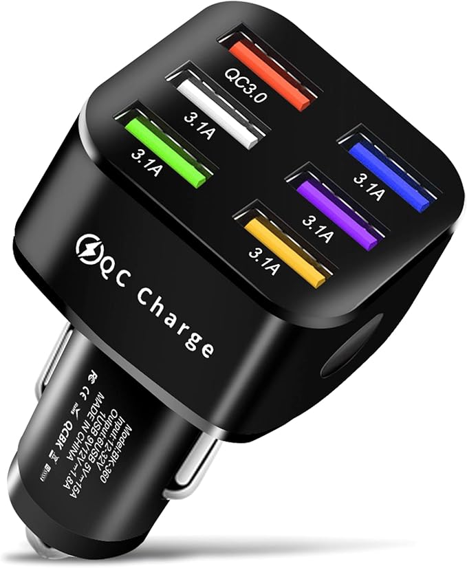 Amiss Car Charger Adapter, 6 USB Multi Port, Fast Charger, Include QC 3.0 and 5 Other Ports, Car Interior Accessories, Fit for iPhone 17/16/15/14/13Pro Max, Samsung, Android (Bright Black)