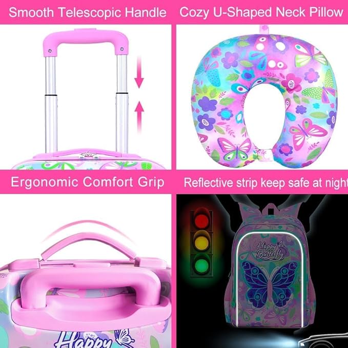 5Pcs Kids Luggage Set, 16" Girls Travel Suitcase with Spinner Wheels, Butterfly Hardside Carry on Toddler Rolling Suitcase Airline Approved（Pink）