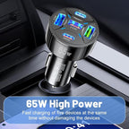 Super Fast Charging USB-C Car Charger Adapter, 65W 5-in-1 Multi-Port PD30W & QC3.0 Cigarette Lighter USB Charger for iPhone/Android/Samsung/iPad Pro (Black)