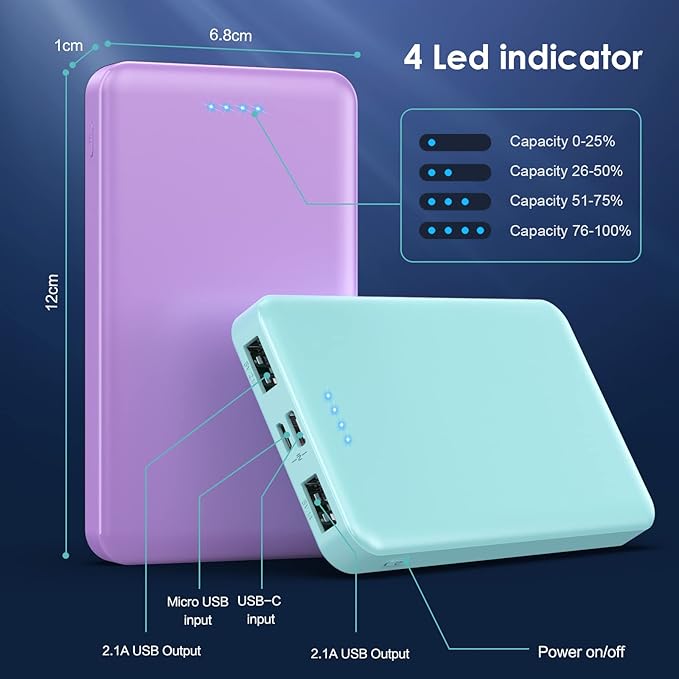 [2 Pack]Portable Charger Power Bank 10000mAh,Slimmer USB C Fast Charging Portable Phone Charger,Travel Essentials Backup External Battery Pack for iPhone 17/16/ 15/14/13/12,Galaxy,Android-Green+Purple