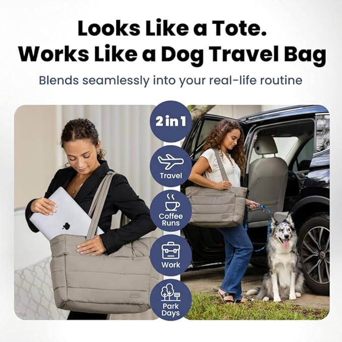 rubyloo Puffer Dog Travel Bag for Dog Moms – Doggy Diaper Bag with Pet Bowls & Food Storage or Everyday Puffy Tote – Doggy Mom Gifts for Women – Lightweight, Travel-Ready Gift for Pet Lovers - Khaki