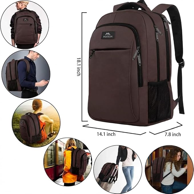 MATEIN 32L Laptop Backpack, Water Resistant School BookBag Fits 15.6 Inch Laptop Computer, Sturdy Personal Item Bag Casual Travel Daypack Carry on Underseat Luggage Backpack for Airlines, Brown