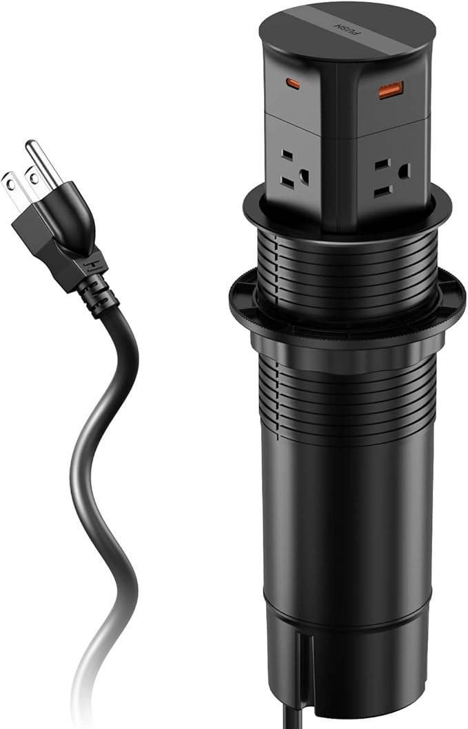 Power Strip Pop up Outlet for Countertop,PD 65W USB C,4 USB Ports,4 Outlets Tamper Resistant,Flush Mount,Space Saver Recessed Receptacle,ETL Listed (Black, 6FT_4 Outlets_65W USB)