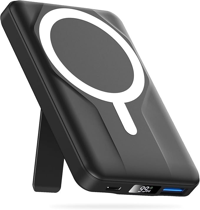 Azmuth Magnetic Power Bank,10000mAh for MagSafe Battery Pack, 22.5W PD Fast Charging,LED Display & Foldable Stand Wireless Portable Charger for iPhone 17/16/15/14/13/12/Pro/Pro Max/Plus,Deep Black