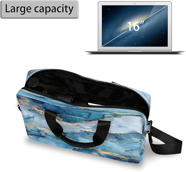 Laptop Bag Teal Blue Liquid Golden Marble Laptop Case Sleeve Messenger Bags with Shoulder Strap Briefcase for Laptop 13 14 14.5 15.6 16 in