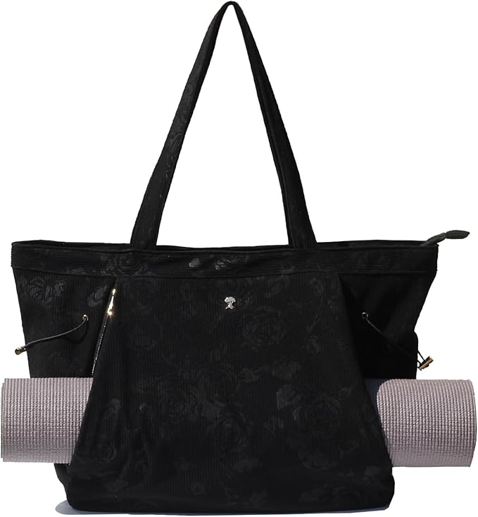 ESVAN Corduroy Yoga Tote Bag Gifts for Women Drawstring Yoga Mat Bag for Office Workout Travel Carryall Pilates Gym