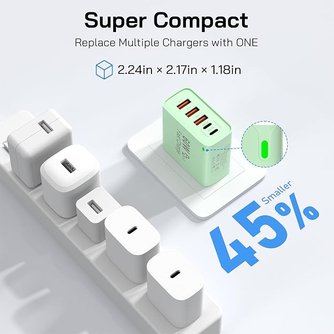 2Pack USB C Fast Charger Block, Total 60W 5-Port USB C Wall Charger 30W Type C Charging Block, 2USB C+3USB A PD 3.0 Multiport Charging Cube for iPhone 17 16 15 14 Pro Max, G-alaxy S26 S25 Ultra, i Pad
