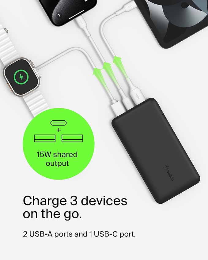 Belkin Portable Charger - 15W 3 Port Power Bank Battery Pack with 10000mAh Battery - Fast Charging for iPhone, Samsung Phone, More - USB C to A Cable Included