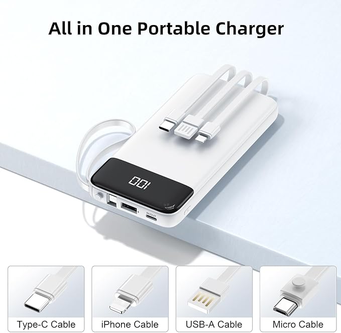 Portable Charger Built-in Cables,10000mAh Power Bank for iPhone,Fast Charge USB C Battery Pack Travel Essentials Slim Lightweight Powerbank Compatible with iPhone 17/16/15/14, Samsung, Android, etc