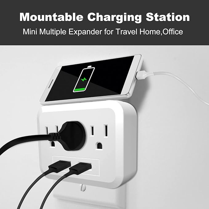 USB Wall Charger Socket Extender - Featuring 2 USB Charging Ports, 3 Outlet Plugs, Socket Adapter, Compact Travel Plug Extension, White