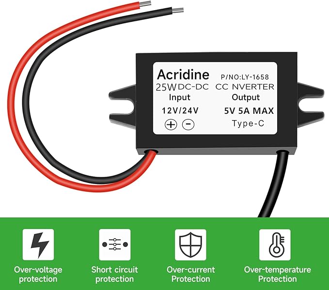 DC 12V/24V to 5V 5A 25W USB-C Step Down Converter Buck Module Adapter(1-Pack)