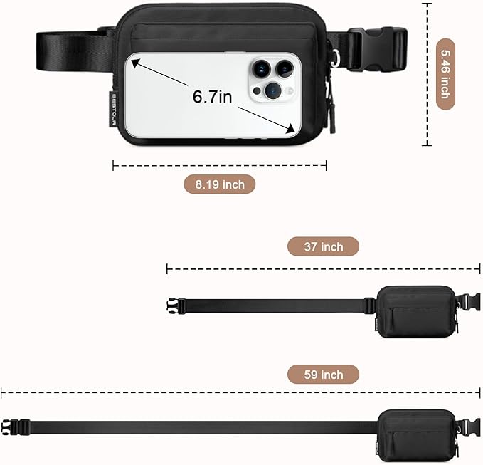 Fanny Packs for Women Men,Belt Bag with 3 Zipper Pockets,Water-resistant Crossbody Bag,Fashion Waist Packs with Adjustable Long Strap for Workout/Running/Yoga/Shopping/Hiking,Black