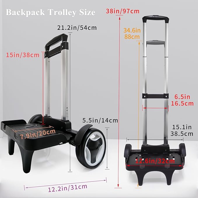 Backpack Trolley Cart with Stair-Climbing Wheels – Foldable Aluminum Frame, Adjustable Handle and 77 lbs Capacity – Quiet Large Wheels with Edge Guard – Black – Fits Travel Bags, Book Bags, Shopping