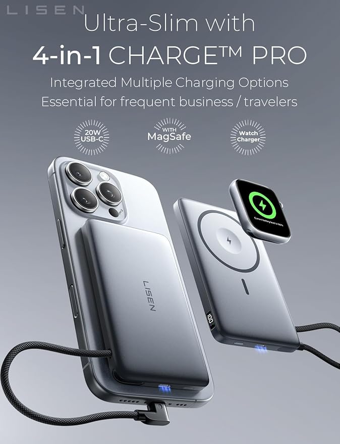 LISEN 0.5'' Ultra Slim MagSafe Power Bank for iPhone and Apple Watch,10000mAh MagSafe Battery Pack,Alloy Magnetic Portable Charger for iPhone 16 Pro Max Plus/15, Apple Watch S11 /S10 S9 SE，Grey