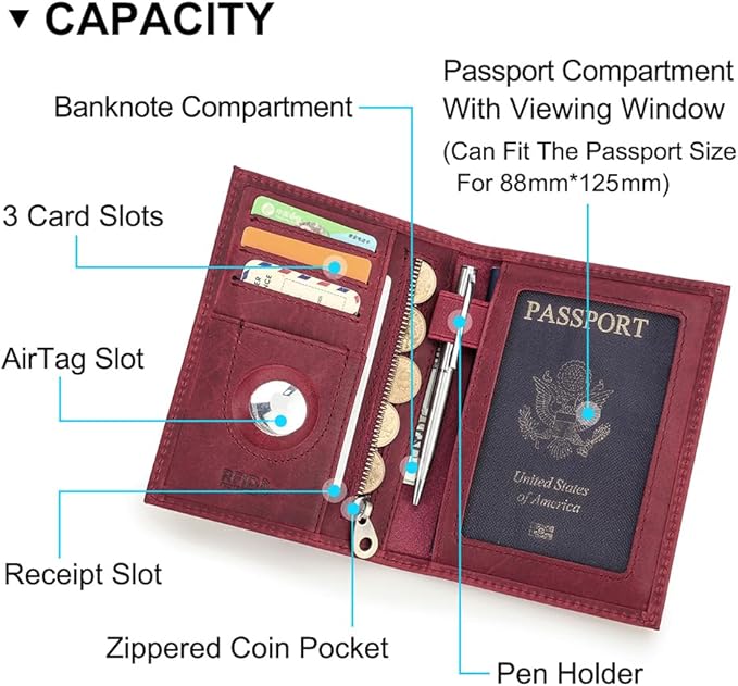 CONTACTS Full Grain Leather Passport Holder RFID Blocking Travel Passport Wallet Compatible with Airtag Passport Cover Case with 4 Cards Slots, Coin Pocket (Badge, Wine Red)