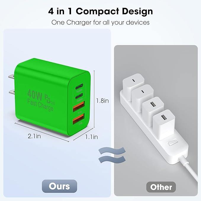 USB C Charger Block, 2 Pack 40W 4-Port iPhone Charger Fast Charging Multiport PD 3.0 & QC 4.0 Double Quick Charge, Compatible with iPhone 17/16/15/14/13/12/11，Pro Max，iPad, Samsung (2, Dark Green)
