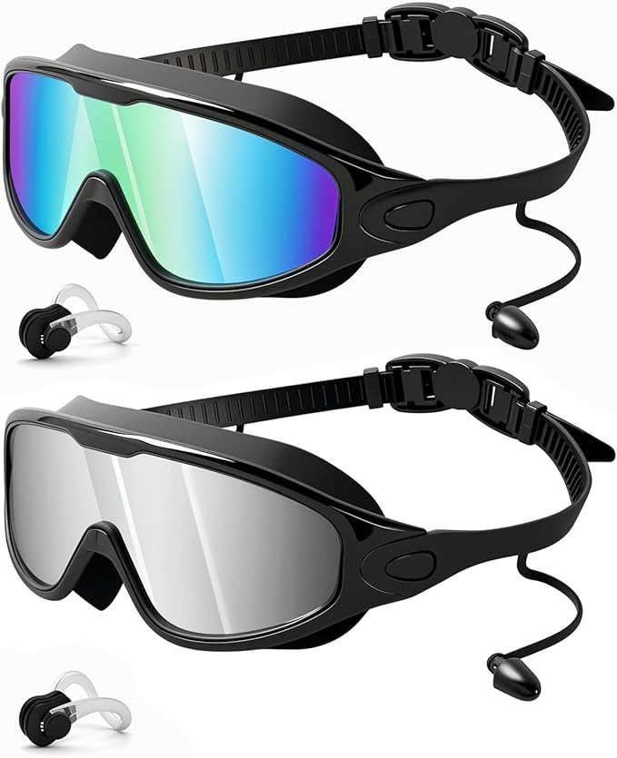Swim Goggles 2 Pack, Wide View Anti Fog&UV Swimming Goggles for Audlt, No Leak Pool Beach Essentials for Men Women