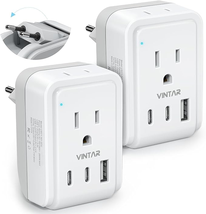 2 Pack European Travel Plug Adapter, VINTAR Foldable International Power Adapter with 2 AC Outlets 3 USB Charging Ports(2 USB C), Type C Power Adaptor to Most Europe Italy Spain France Iceland Germany