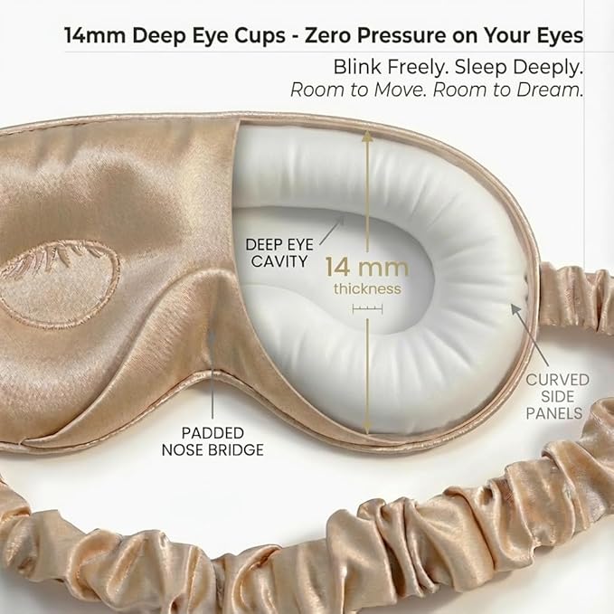 MATASSE 100% Mulberry Silk Sleep Mask 22 Momme Grade 6A - 3D Contoured Eye Mask for Sleeping, 14mm Deep Eye Cups, Total Blackout Blindfold for Women Men, Adjustable Strap, Side Sleeper (Champagne)
