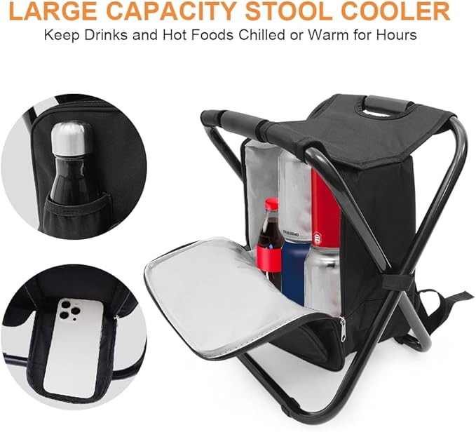 YESIACE Portable Folding Camping Stool, Backpack with Cooler Bag, Hiking Seat, Outdoor Fishing Hunting Gifts, Black