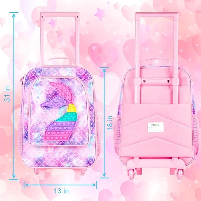 Kids Luggage for Girls, Cute Mermaid Suitcase Rolling with Wheels, Travel Carry on for Children Toddler Elementary - Pink