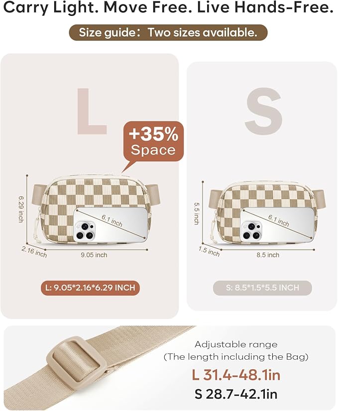 Pritent Fanny Packs for Women Cross Body Bag Waterproof Belt Bag with Adjustable Strap and Zipper Back Pocket Small Crossbody Bags Fashion Waist Packs for Workout Travelling(Checkered Khaki, Large)