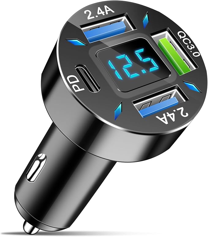 LivTee 4-Port Car Charger, 12-24V Cigarette Lighter Adapter with 3 USB & 1 USB-C Port, Supports QC/PD Fast Charging, Features Digital Display and LED Lights, Fits iPhone, Fits Samsung and More Phones