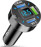 LivTee 4-Port Car Charger, 12-24V Cigarette Lighter Adapter with 3 USB & 1 USB-C Port, Supports QC/PD Fast Charging, Features Digital Display and LED Lights, Fits iPhone, Fits Samsung and More Phones