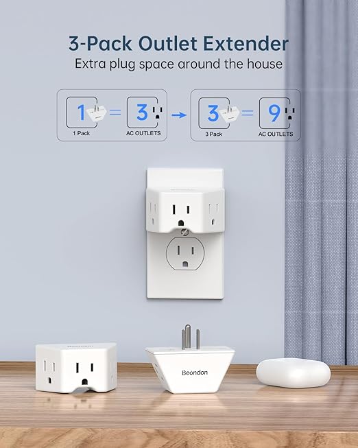 BEONDON 3-Pack Outlet Splitter, Small Outlet Extender, 3 Way Angled Wall Plug Extender, Cruise Ship Essentials, 3 Prong Grounded Plug Adapter for House, Hotel, Dorm, Hostel
