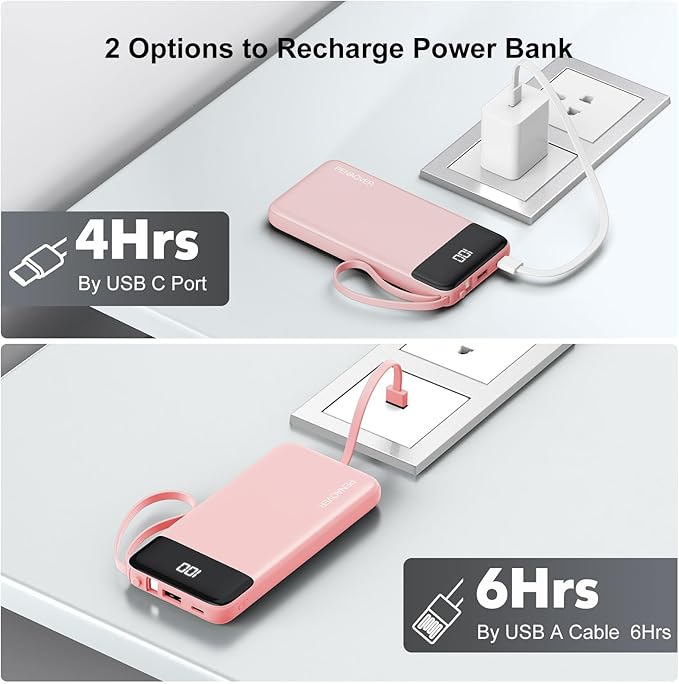 Portable Charger Built-in Cables,10000mAh Power Bank for iPhone,Fast Charge USB C Battery Pack Travel Essentials Slim Lightweight Powerbank Compatible with iPhone 17/16/15/14, Samsung, Android, etc