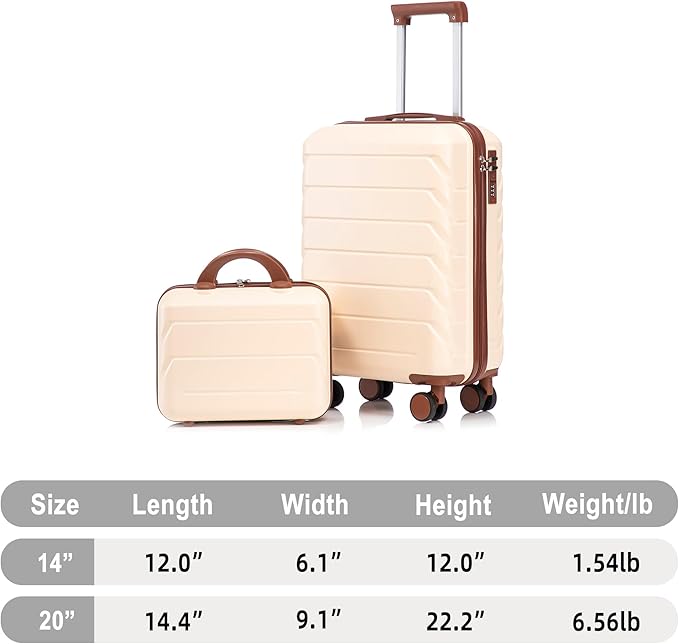 Kids Luggage Sets for Girls, 2 Piece Luggage Set, 20 Inch Rotating Wheel Suitcase with 14 Inch Cosmetic Case, Lightweight Hardshell Suitcase with 360° Spinner Wheels for Travel (Beige)