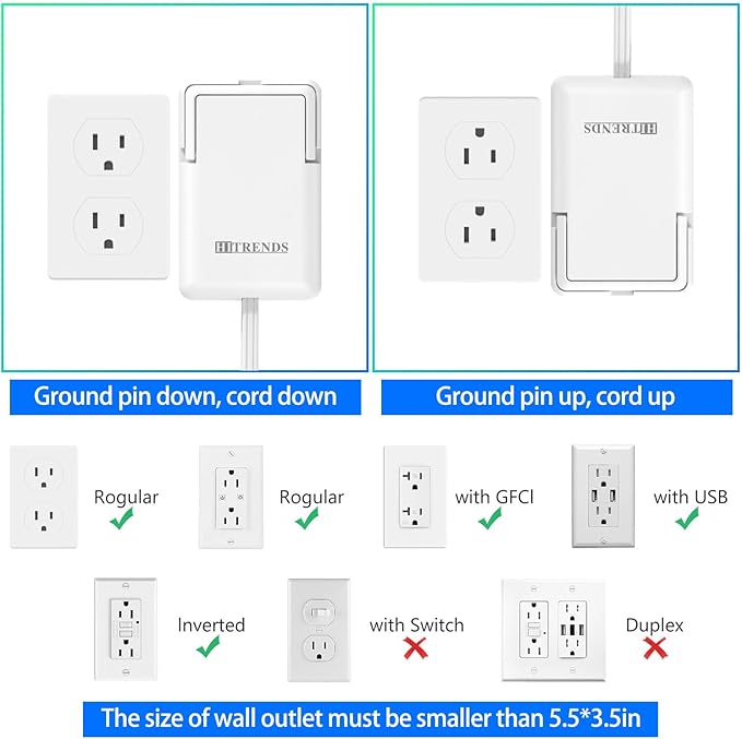 6ft Ultra Flat Plug Extension Cord Power Strip with Outlet Concealer - HITRENDS 3 AC Outlets & 3 USB Ports, 1650W Slim Desk & Wall Extender for Tight Spaces, Hide Messy Cords, White