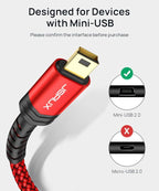 JSAUX Mini USB Cable[2-Pack 3.3ft+6.6ft], USB 2.0 Type A to Mini B Fast Charging Braided Cord for GoPro Hero 3+, PS3 Controller, MP3 Player, Dash Cam, Garmin Nuvi GPS, Camera, Blue Yeti, Red