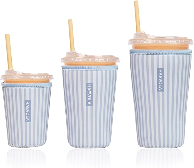 Reusable Insulated Neoprene Iced Coffee Cup Sleeve, Durable Drink Sleeve for Cold Beverages, Beverage Holder for Iced Coffee, Blue Stripes