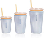 Reusable Insulated Neoprene Iced Coffee Cup Sleeve, Durable Drink Sleeve for Cold Beverages, Beverage Holder for Iced Coffee, Blue Stripes