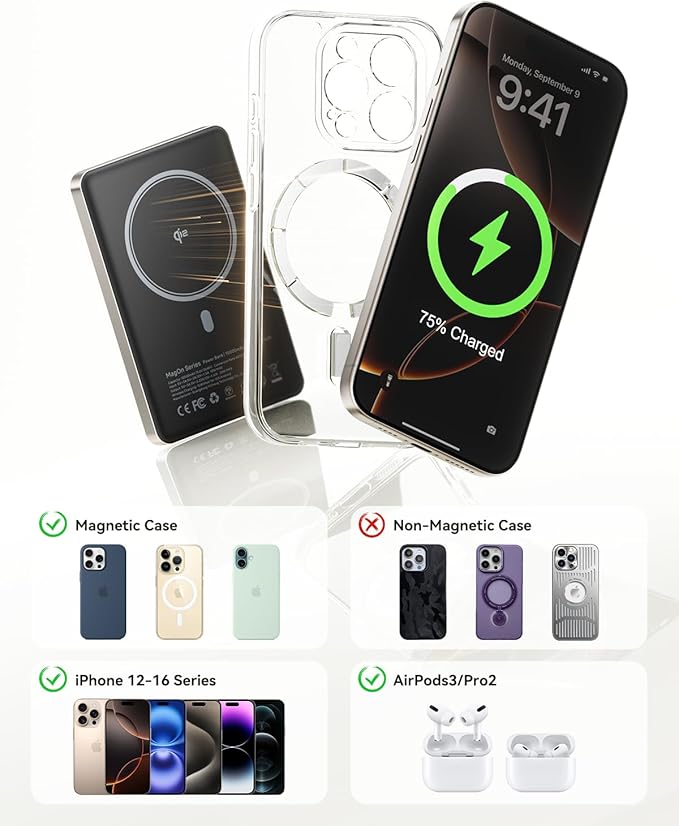 Kuulaa 0.5" Magsafe Portable Charger, 10000mAh Magnetic Power Bank & Slim Battery Pack - Qi2 Certified 15W Wireless Charging with 20W USB-C PD for iPhone 17/16/15/14/13/12 Pro/Air Series