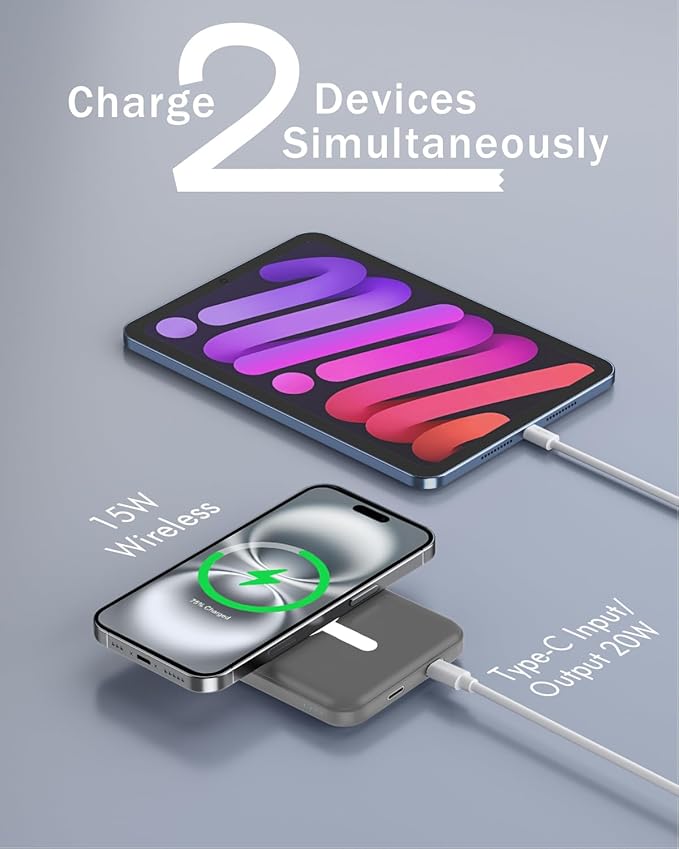 podoru for Magnetic Battery Pack, 5000mAh Magnetic Power Bank with Type-C Cable 20W PD Fast Charging Lighting Input Wireless Portable Charger for iPhone 17/16/15/14/13/12/ All Series-Gray