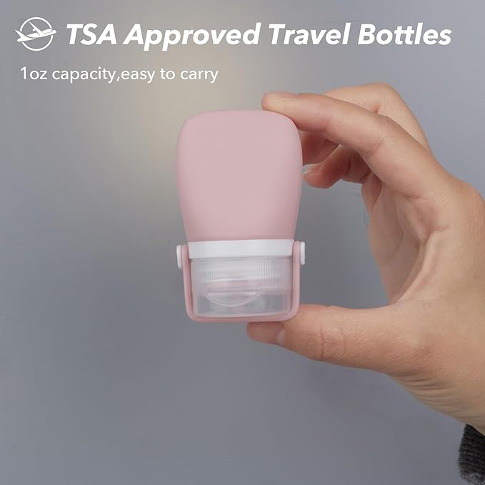 1oz Silicone Travel Bottles for Toiletries (4-Pack), TSA Approved Leakproof Toiletry Bottles with Locking Lid, Refillable Travel Size Containers for Shampoo, Body Wash, Camping & Trips (White,Pink)