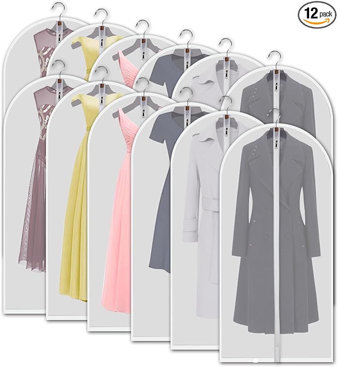 Hanging Garment Bags 12 Piece Set - 60 Inch Translucent Dust Proof Clothes Bag White Breathable Full Zipper Dust Cover for Suit Dance Costumes Gown Dress.