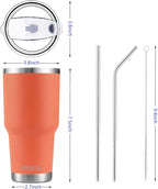 D·S 30oz Orange Tumbler Stainless Steel Insulated Travel Mug with Straw Lid Cleaning Brush (30oz Orange)